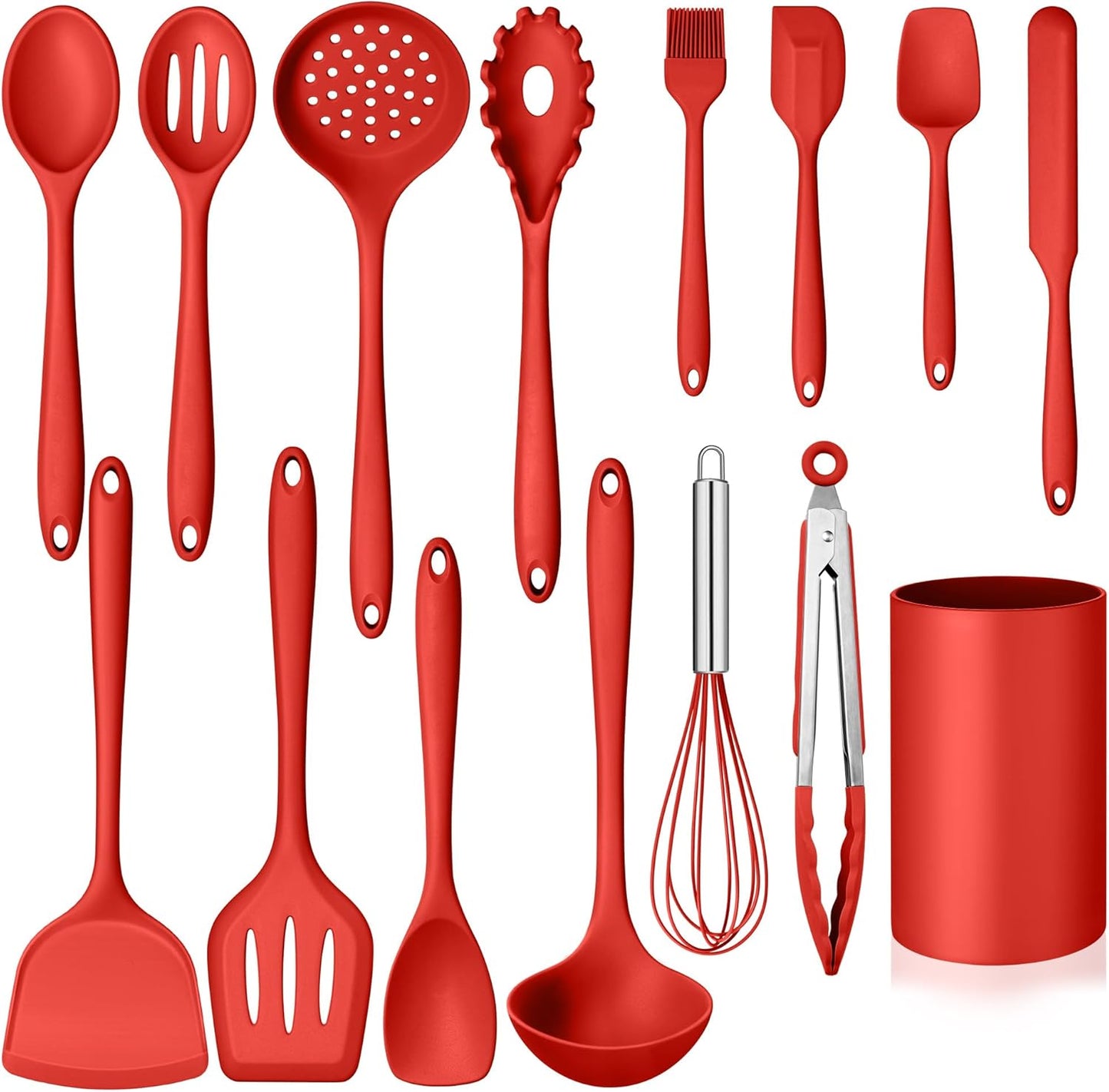 Kitchen Cooking Utensils Set with Holder, Homikit 15-Piece Silicone Spatula Set for Nonstick Cookware, 446°F Heat Resistant Spoon Turner Tong Whisk Brush for Cooking and Baking-Red