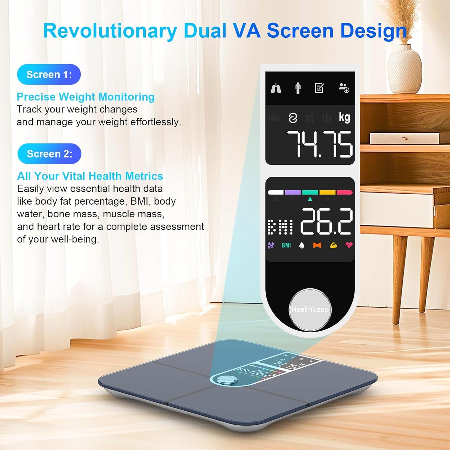 Healthkeep Body Fat Scale with Dual VA Displays and ITO Technology, 16 Body Datas with Heart Rate, Smart Weight Scale Compatible with iOS & Android, Max 400lb/180kg, Sliver