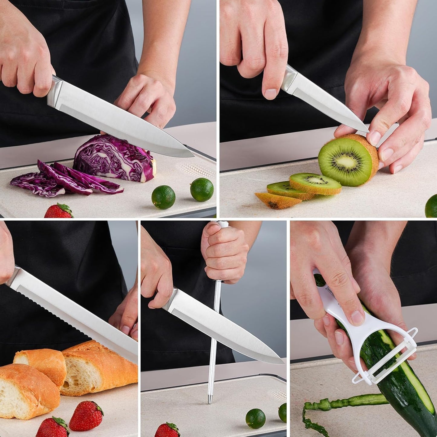 Kitchen Knife Set, Retrosohoo 9-Piece White Sharp Non-Stick Coated Chef Knives Block Set,Stainless Steel Knife Set for Kitchen with Sharpener for Cutting Slicing Dicing Chopping (White)