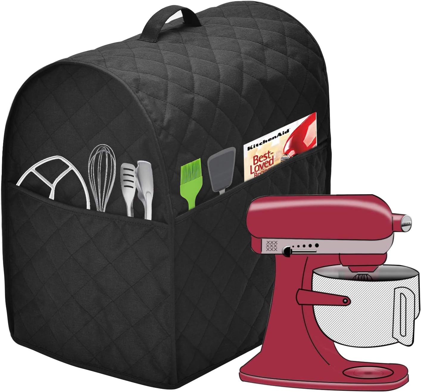 Stand Mixer Dust Cover with 3 Pockets Compatible with KitchenAid Tilt Head, Easy Cleaning,Can Ironable (Black, Fits for 6-8 Quart)