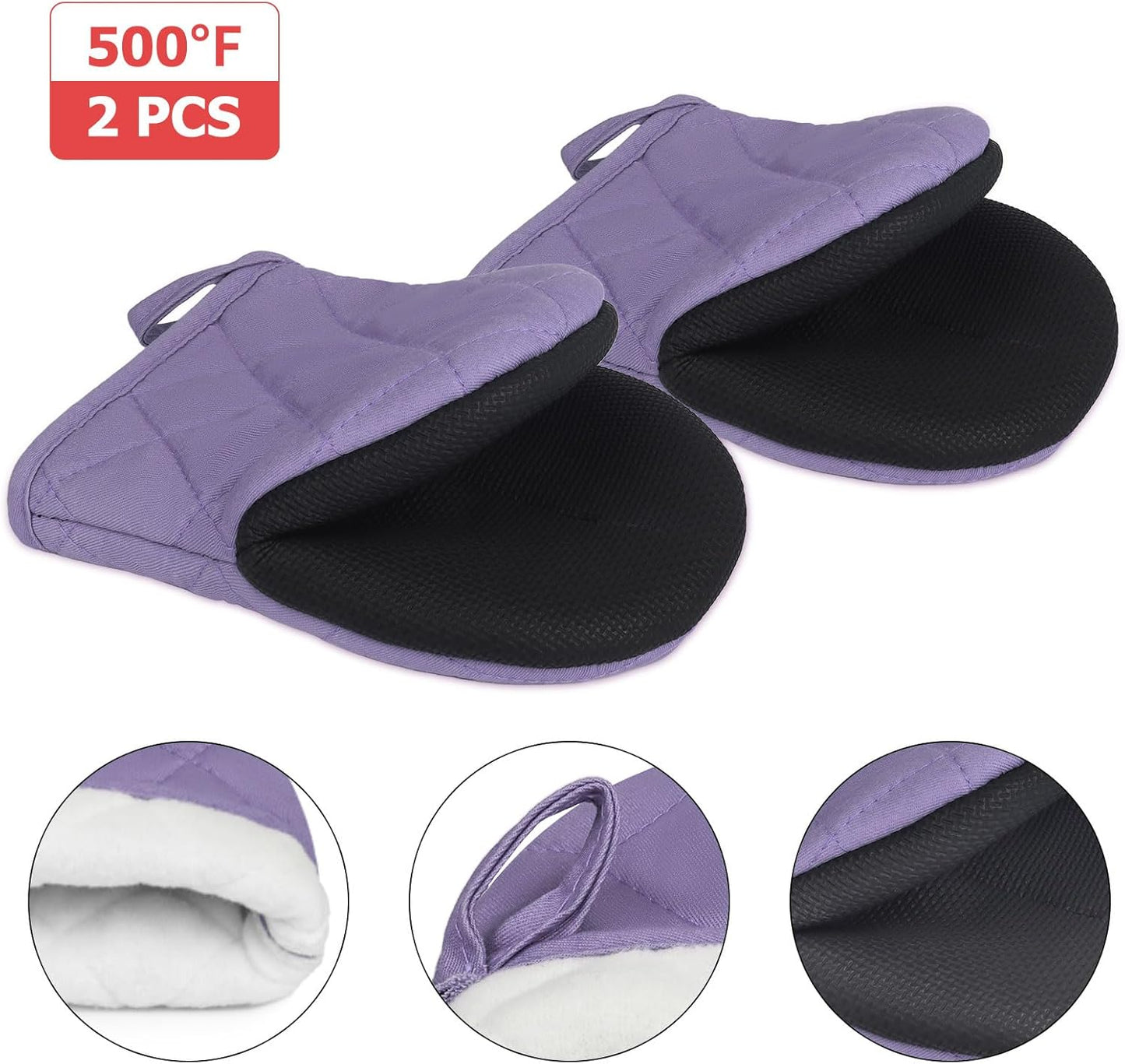 1 Pair Short Oven Mitts, Heat Resistant Silicone Kitchen Mini Oven Mitts for 500 Degrees, Non-Slip Grip Surfaces and Hanging Loop Gloves, Baking Grilling Barbecue Microwave Machine Washable