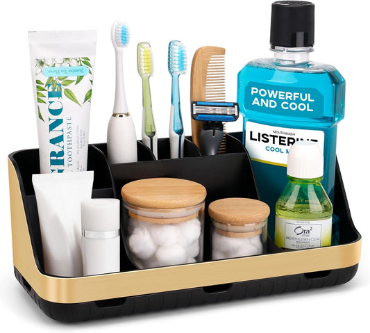 Gold Toothbrush Holders for Bathrooms Countertop Organizer - Detachable 7 Slots Electric Toothbrush and Toothpaste Holder, Kids Organization and Storage, Restroom Accessories Vanity Stuff