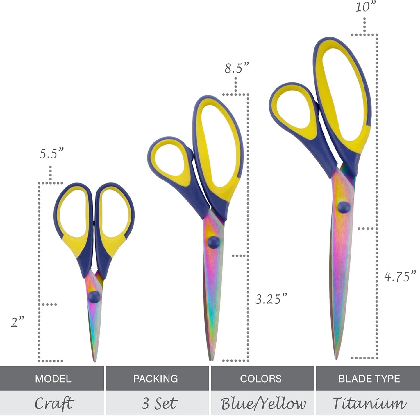 BambooMN Titanium Softgrip Scissors Set for Sewing, Arts, Crafts, Office - Blue w/Yellow - 1 Set of 3