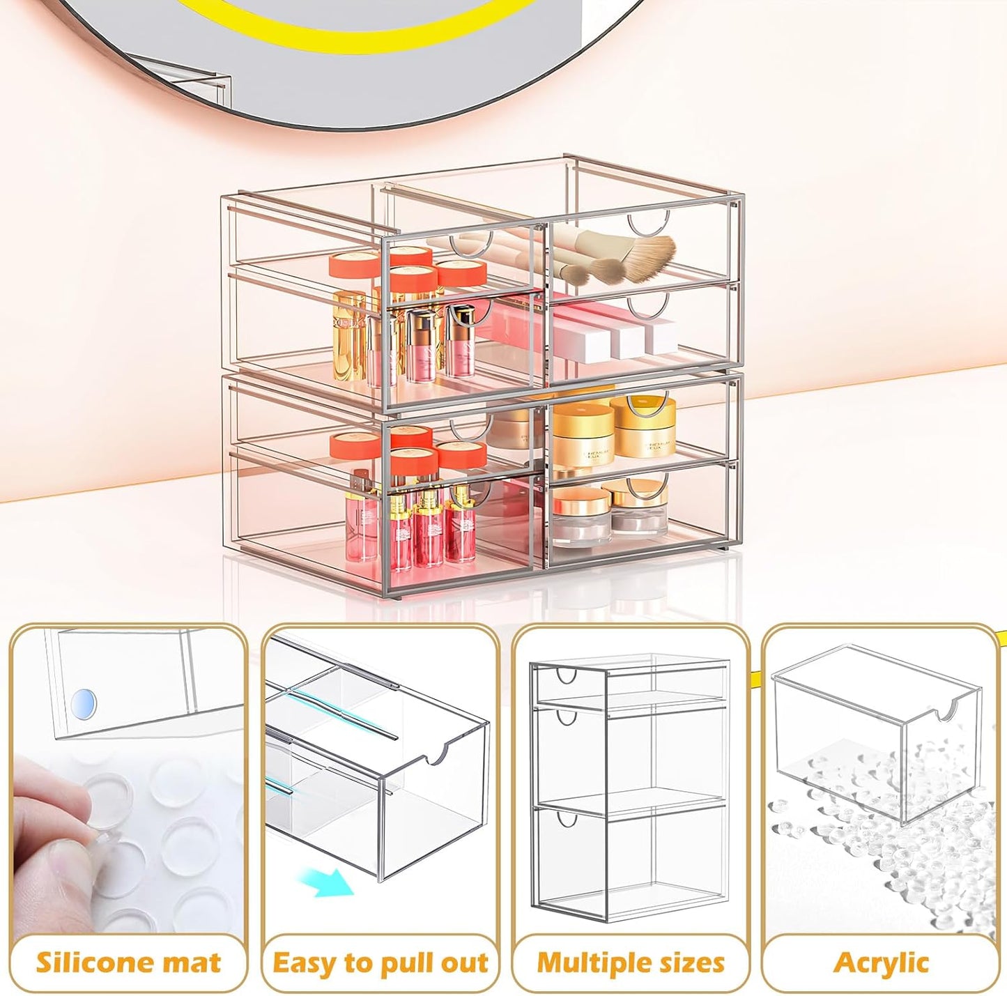 Arcylic Makeup Organzier with 5 Drawers, Clear Stackable Storage Drawers, Bathroom Countert Organizer,Plastic Storage Bins For Vanity, Cabinets, Pantry, Home Organization and Storage