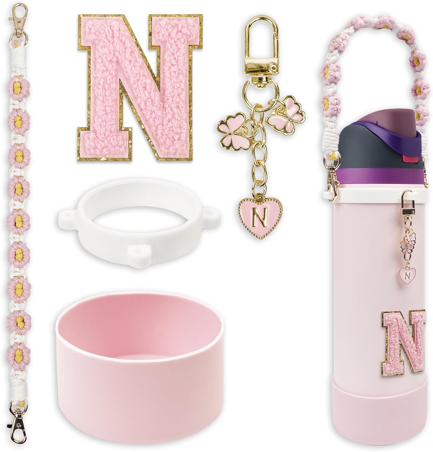 SITKOL Silicone Boot Cute Monogram Set Compatible with Owala Water Bottle 24 oz, 32 oz, 40 oz - Perfect Letter Owala Accessories for Owala Tumbler, Owala Free Sip, Pink Owala, Black Owala