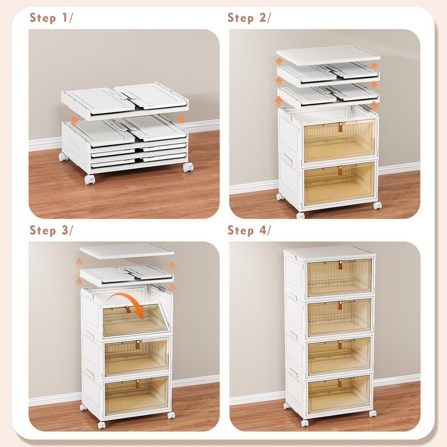 4 Tier Stackable Storage Bins with Lids, 28Qt Plastic Storage Containers with Magnetic Doors & Wheels, Convenient Storage Bins Closet Organizers, Household Organization for Home, Party, Office, Dorm