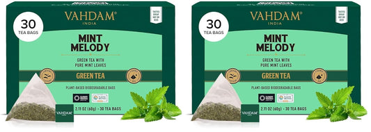VAHDAM, Mint Green Tea Bags (30 Count) 100% Pure Leaf Tea, High Grown, Low Caffeine, Non GMO, Gluten Free | Individually Wrapped Plant-Based Pyramid Tea Bags | Direct from Source (Pack of 2)