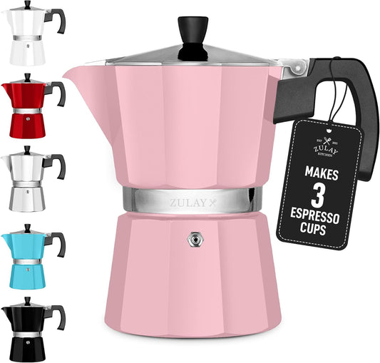 Zulay Moka Pot Espresso Stovetop Coffee Maker - Leak-Proof, Stainless Steel, Easy to Clean, Heat Resistant Handle & Knob - for Authentic Cuban & Italian Style Espresso - Makes 3 Espresso Cups - Pink
