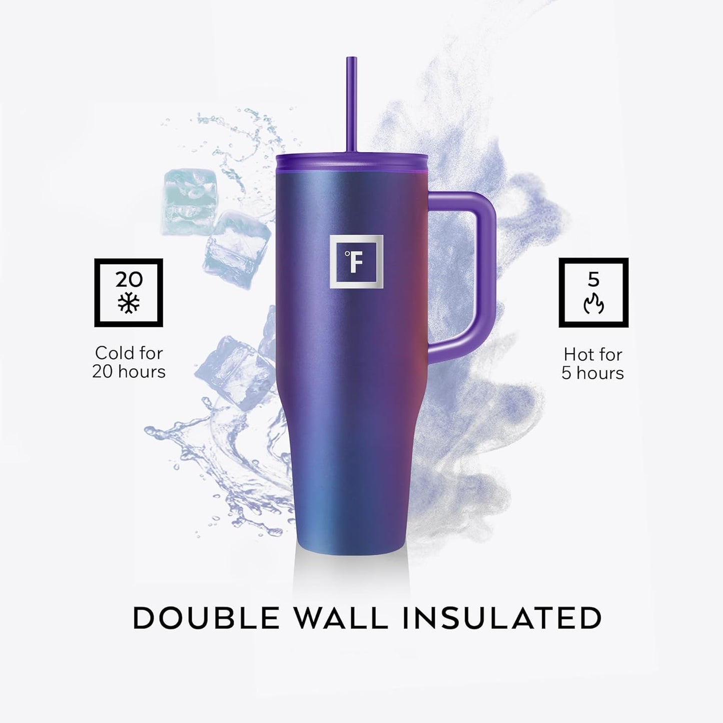 IRON °FLASK Co-Pilot Insulated Mug w/Straw & Flip Cap Lids - Cup Holder Bottle for Hot, Cold Drink - Leak-Proof - Water, Coffee Portable Travel Mug - Dark Rainbow, 40 Oz