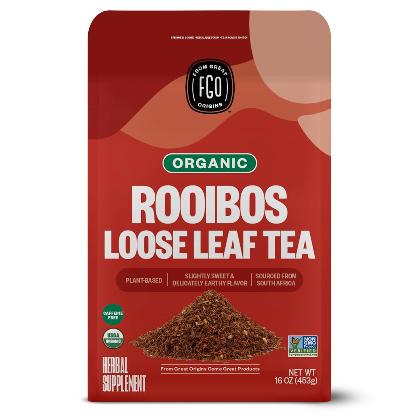 FGO Organic Rooibos Tea, 16 Ounce Loose Leaf Bulk Resealable Bag, Caffeine Free, Packaging May Vary (Pack of 1)