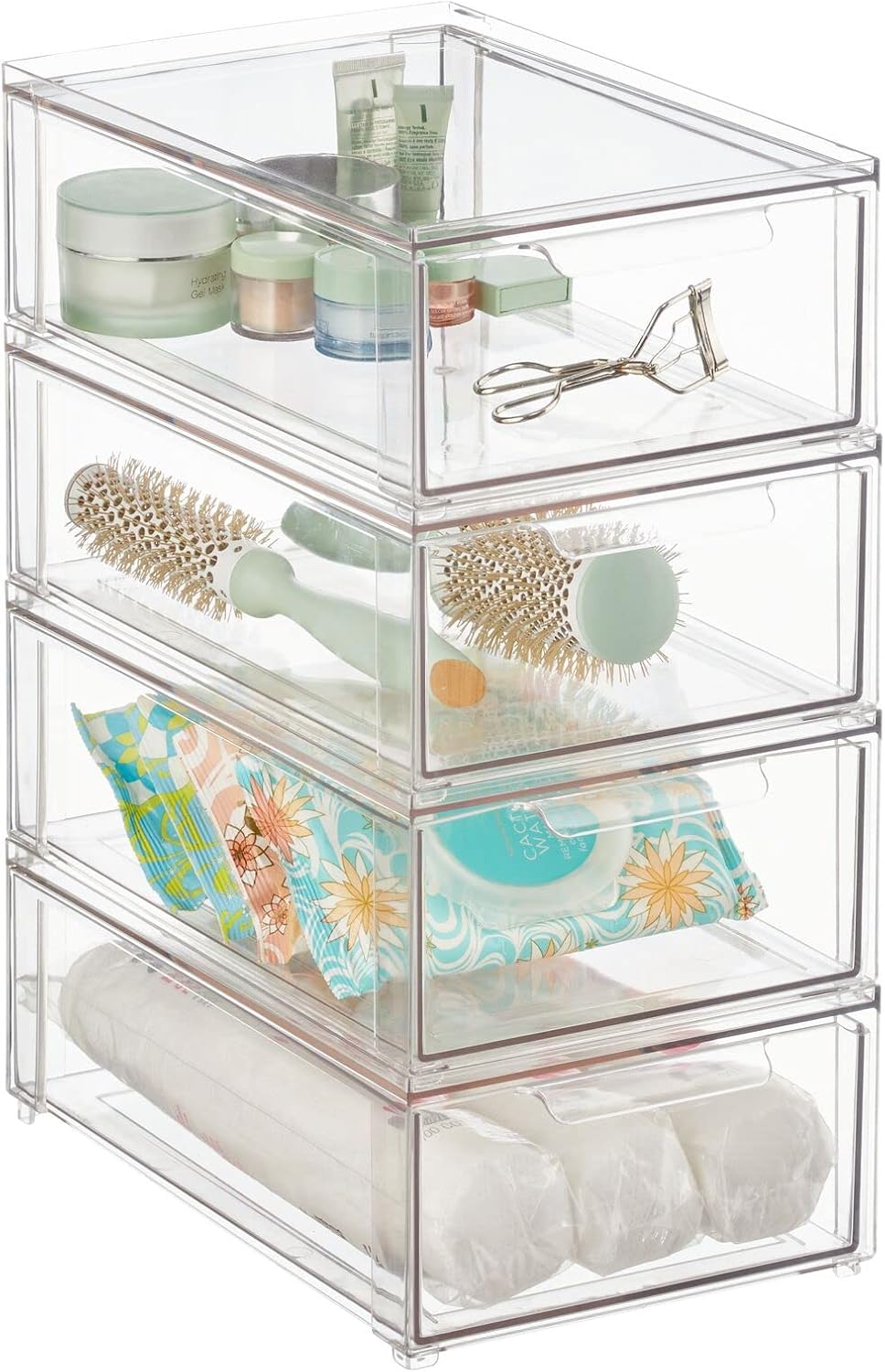 mDesign Plastic Stackable Bathroom Storage Organizer Bin with Pull Out Drawer for Cabinet, Vanity, Shelf, Cupboard, Cabinet, or Closet Organization - Lumiere Collection - 4 Pack - Clear
