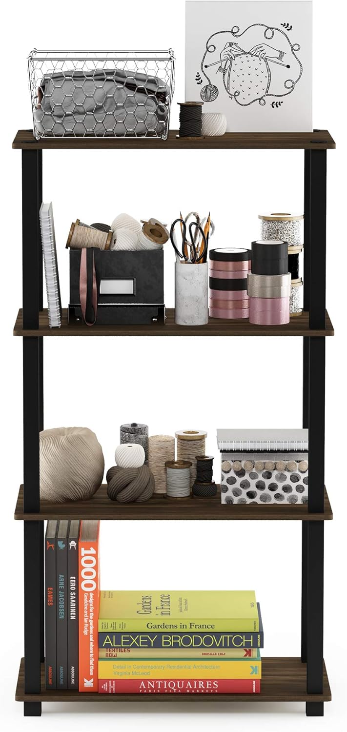 Furinno Turn-N-Tube 4-Tier Multipurpose Shelf Display Rack, Square Tube, Columbia Walnut/Black