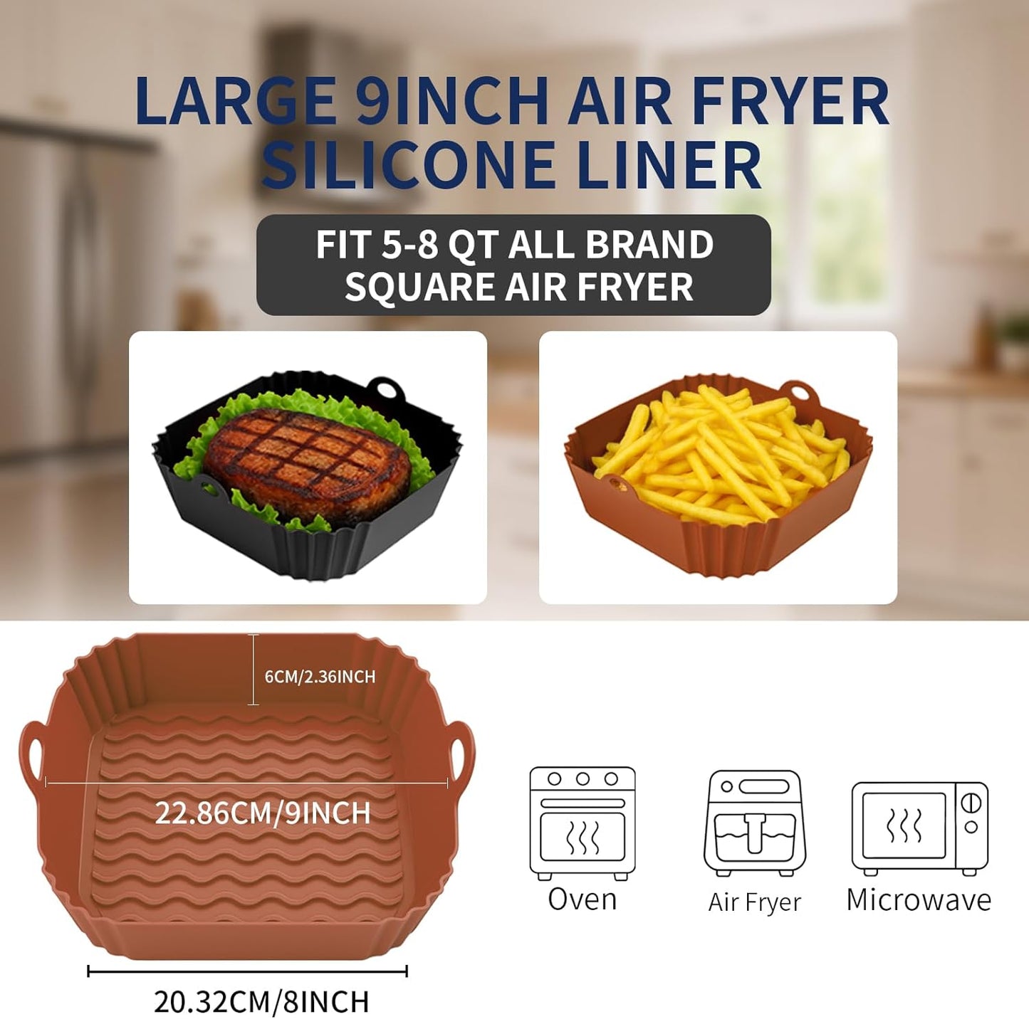 9 Inch Large Air Fryer Silicone Liners - 2 PCS Square Reusable AirFryer Basket Liners for 5-8QT Air fryer, Air fryer Accessories for Baking Roasting Microwave (Black + Brown)