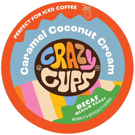 Crazy Cups Decaf Flavored Coffee Pods, Decaffeinated Coconut Caramelicious Flavored Coffee, Single Serve Hot or Iced Medium Roast Coffee for Keurig K Cups Machines, 22 Count