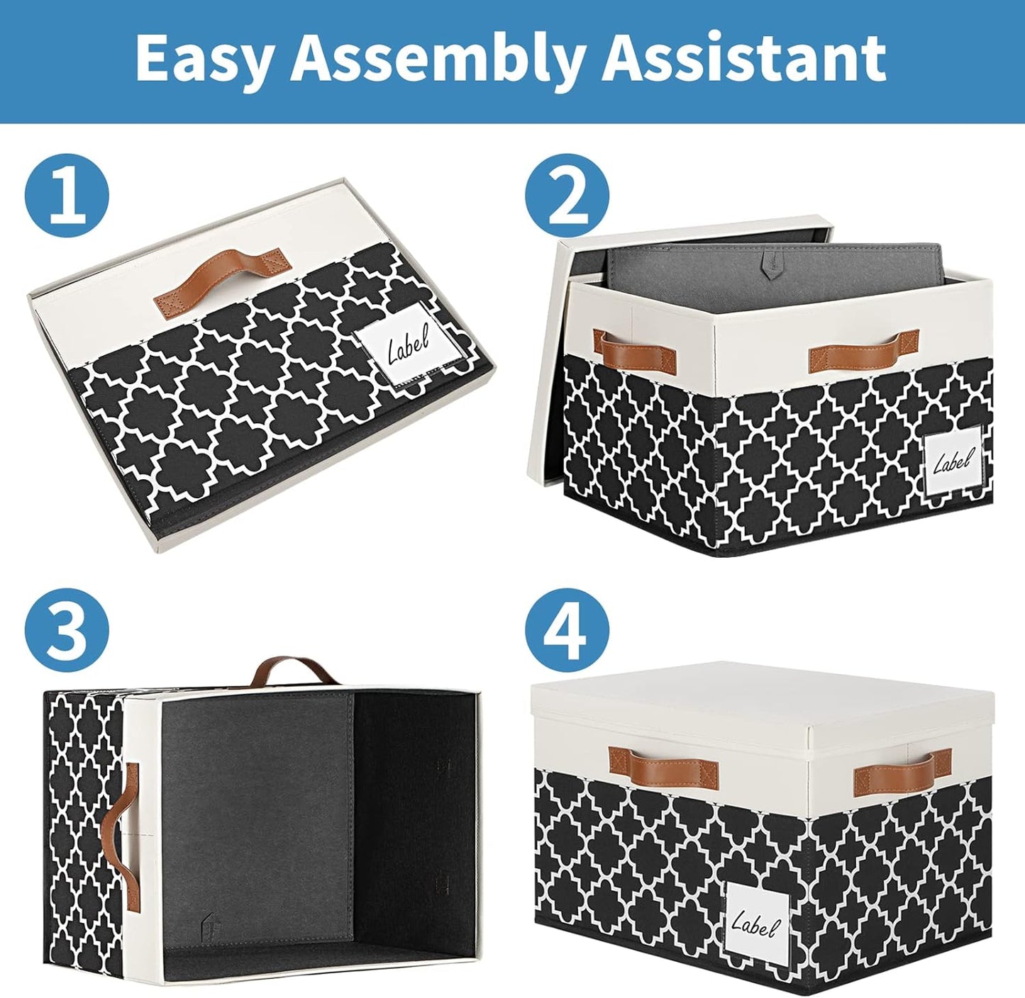 GhvyenntteS Extra Large Storage Bins with Lids, Foldable Fabric Storage Boxes with Lids and 3 Leather Handles, Sturdy Storage Baskets with Label Window (6 Pack, White&Lattice Black)