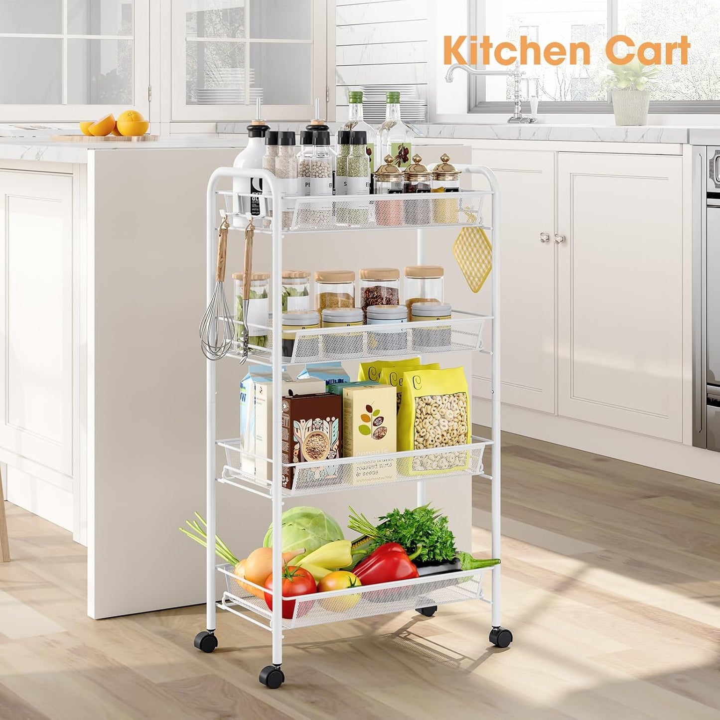 TOOLF 4-Tier Rolling Cart, Metal Utility Cart with 3 Hooks, Easy Assemble Mobile Storage Trolley On Wheels, Metal Shelving Units Kitchen Bathroom Laundry Room