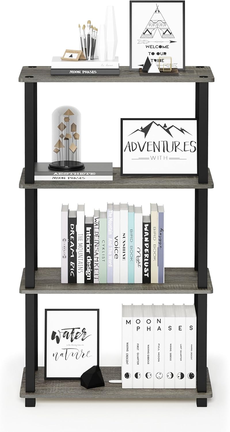 Furinno Turn-N-Tube 4-Tier Multipurpose Shelf Display Rack, Square Tube, French Oak Grey/Black