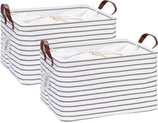 Hinwo 2-Pack Large Canvas Fabric Storage Baskets with Handles, 31L Rectangle Storage Bins, Collapsible Storage Box, Clothes, Toys, Blankets Organizers, 16.5 x 11.8 x 9.8 inches, (Grey Stripe)