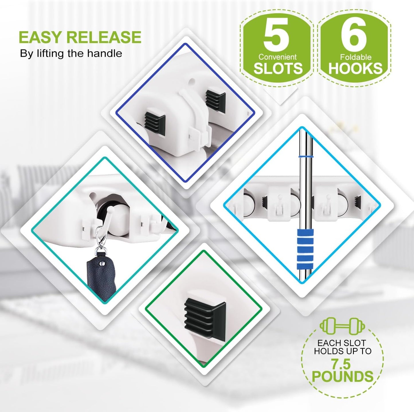 LETMY Broom Holder Wall Mount - Mop and Broom Hanger Holder - Garage Storage Rack & Garden Tool Organizer - 5 Position 6 Hooks Broom Rack for Home, kitchen, Garden, Tools, Garage Organization - White