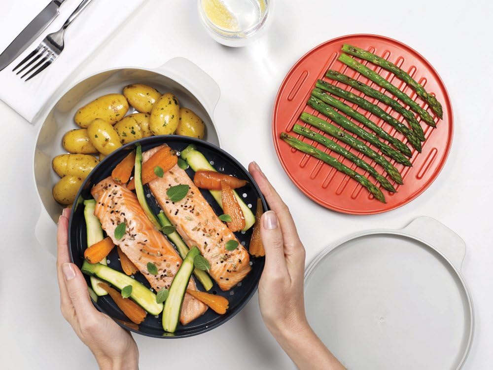 Joseph Joseph M-Cuisine Microwave 4-Piece Stackable Cooking Set, 2 liter cooking pot, steamer, griddle and lid, Orange/Beige