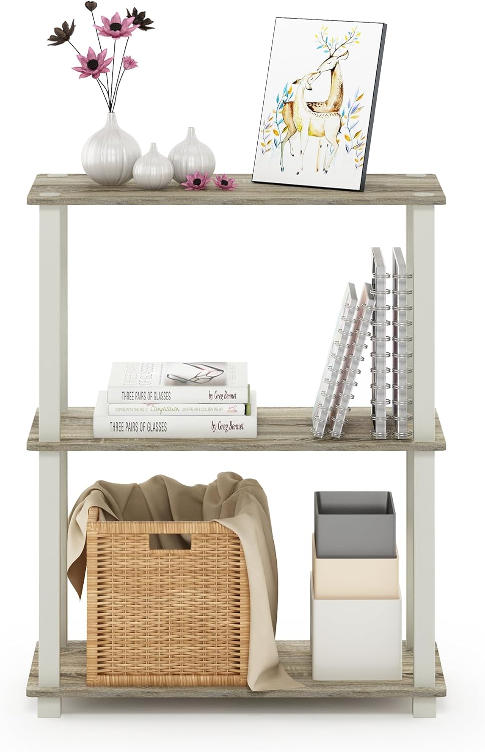 Furinno TURN-S-TUBE Storage Shelves, 3-Tier Book Shelf, Corner Shelf, Toolless Open Shelves, for Organization and Storage, Living Room, Garage, Home Office, Sonoma Oak