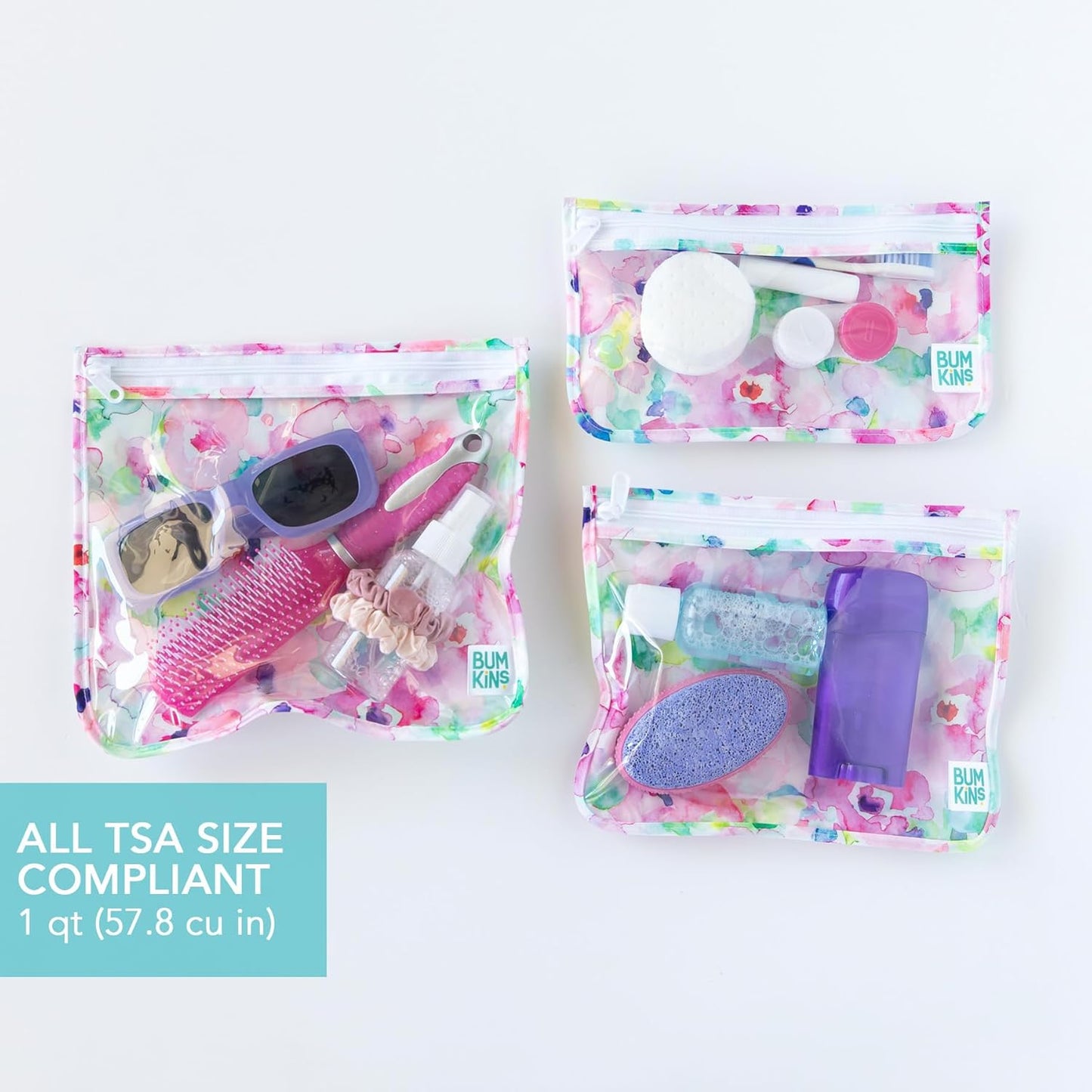 Bumkins Travel Bag, Toiletry, TSA Approved Pouch, Zip Bag, Quart Size Airline Compliant, Clear-Sided, Baby, Diaper Bag Organization, Makeup, Accessories, Packing, Set of 3 Sizes, Watercolors Floral