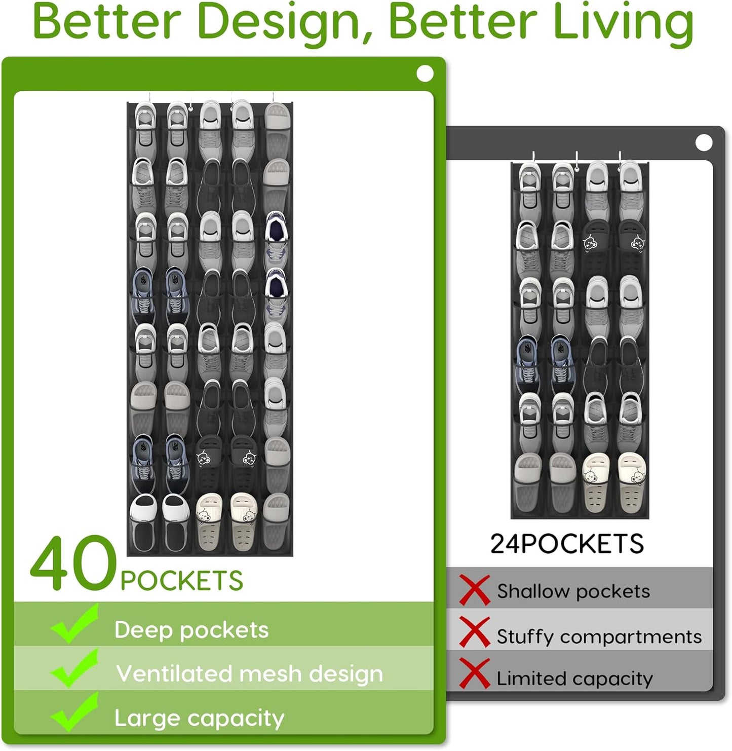 Unjumbly Over the Door Shoe Organizer with 40 Large Breathable Mesh Pockets, Space Saving Shoe Holder, Hanging Shoe Rack for Entryway Bedroom Closet Storage (Black, 80 Pockets)