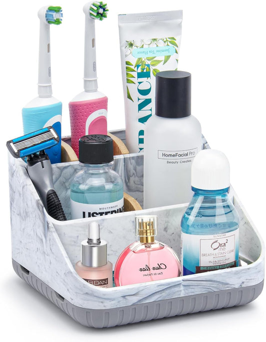 Chintu Toothbrush Holders for Bathrooms - 6 Slots Electric Tooth Brushing Holder, Bathroom Countertop Organizer for Kids Family, Marble Toothbrush and Toothpaste Holder Shower Storage Grey