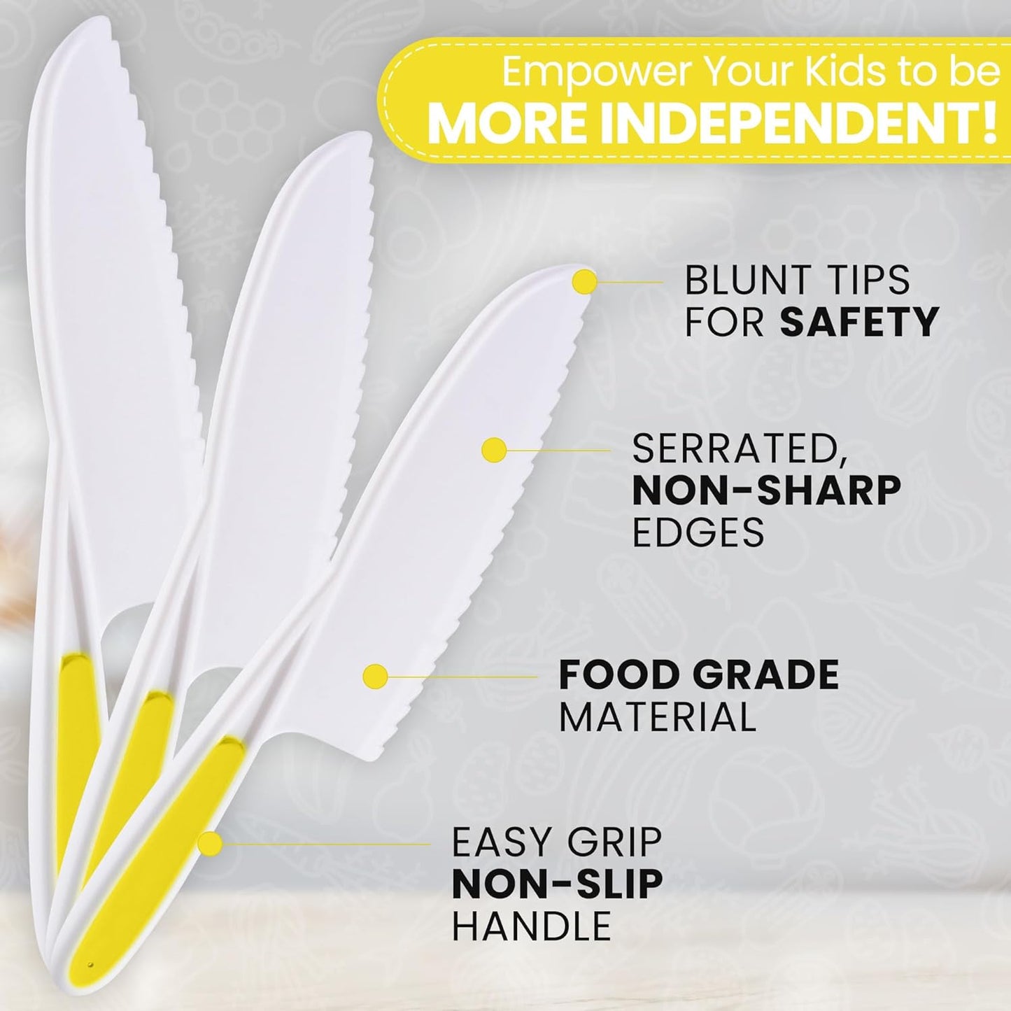 Zulay 3-Piece Kids Knife Set for Real Cooking & Baking - Toddler Knives for Cutting Fruits, Veggies, & Cake - Children’s Montessori Knife with Serrated Edges - Safe & Fun Lettuce Knife (Yellow)