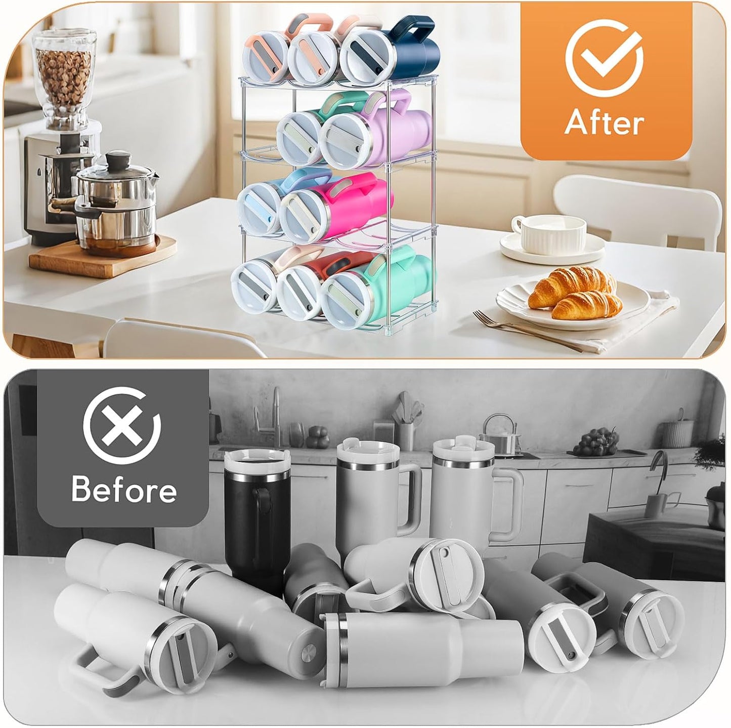 Water Bottle Organizer for Stanley 40 oz Tumbler, Stackable Water Bottle Holder for Kitchen Fridge Cabinet Organization and Storage, Plastic Wine Rack/Drink Bottle Holder (4 Pack - Hold 12)