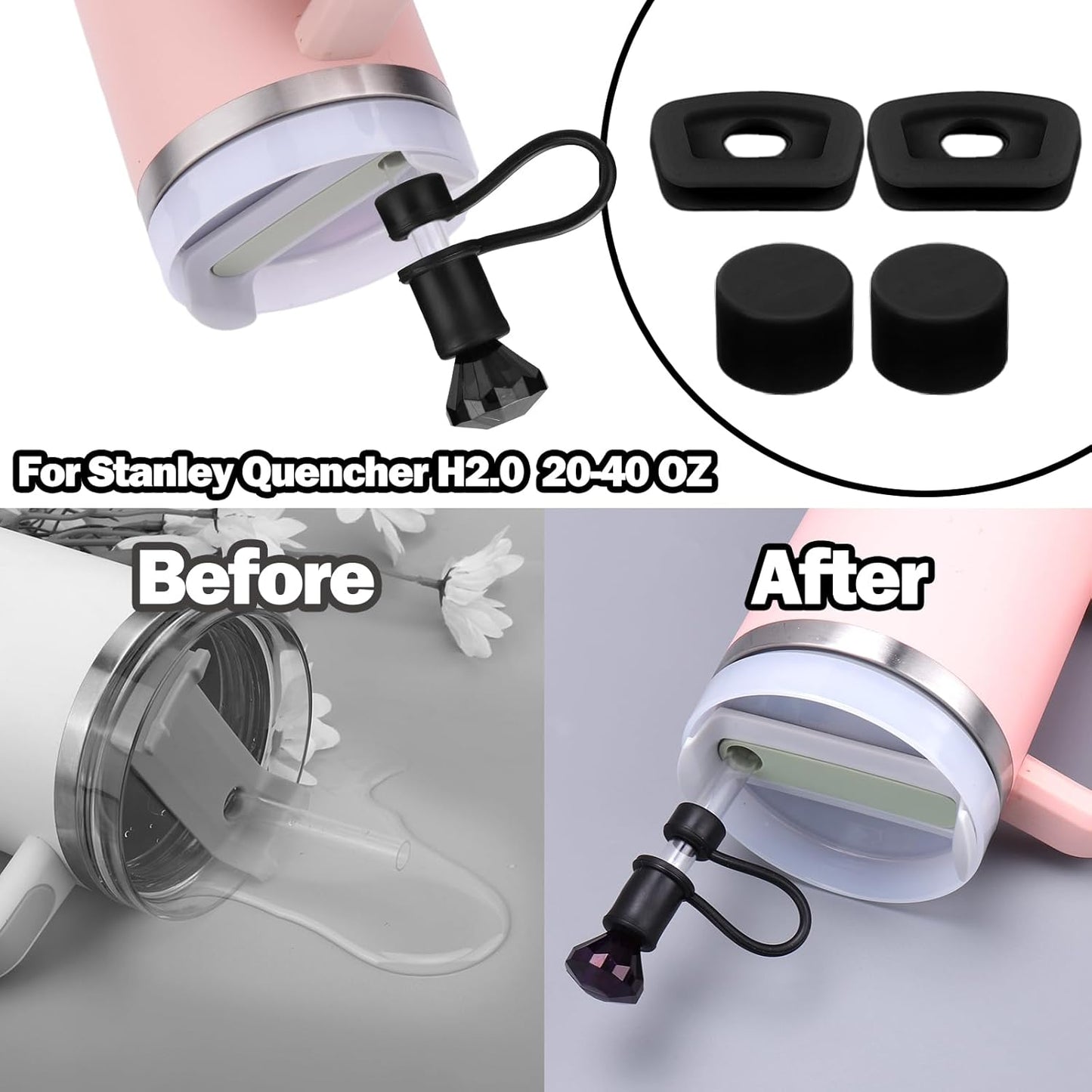 Mity rain Set for Stanley Cup Accessories, Including 2Pcs Straw Topper, 4 Pcs Silicone Spill Proof Stopper, 2Pcs Protective Glitter Silicone Boot, Set for Stanley Cup 40/30 OZ(2 Black)