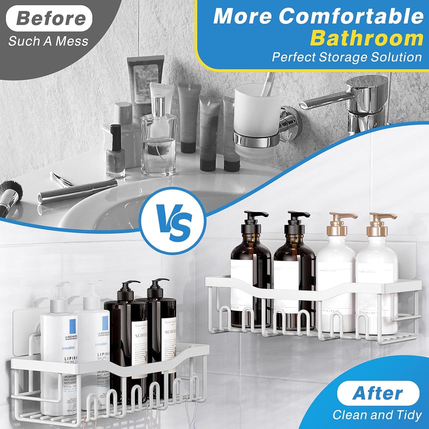 EUDELE 5-Pack Rustproof Stainless Steel Shower Caddy Set– No Drill Adhesive Bathroom Organizer, Space-Saving Shower Shelves for Apartment Essentials, Bathroom/Kitchen Storage Home Decor-L Size