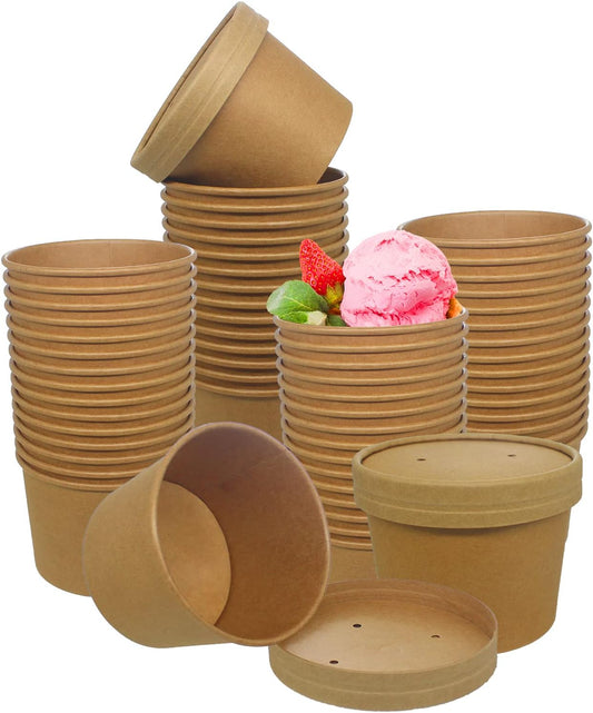 Paper Ice Cream Cups with Paper Lids, Hot/Cold Soup Cups with Lids (Kraft) (50, 12 oz)