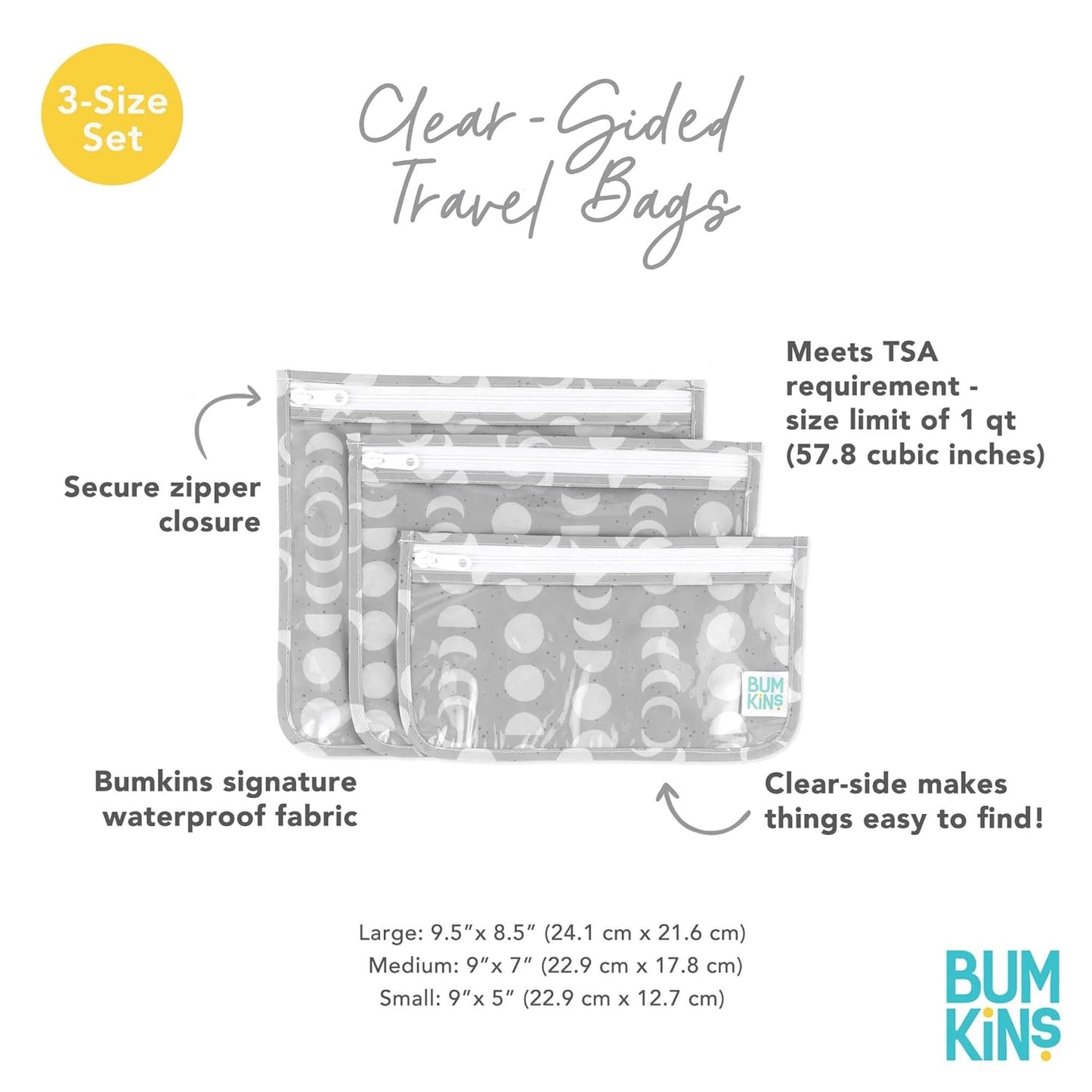 Bumkins Travel Bag, Toiletry, TSA Approved Packing Pouch, Zip Bag, Quart Size Airline Compliant, Clear-Sided, Set of 3 Sizes