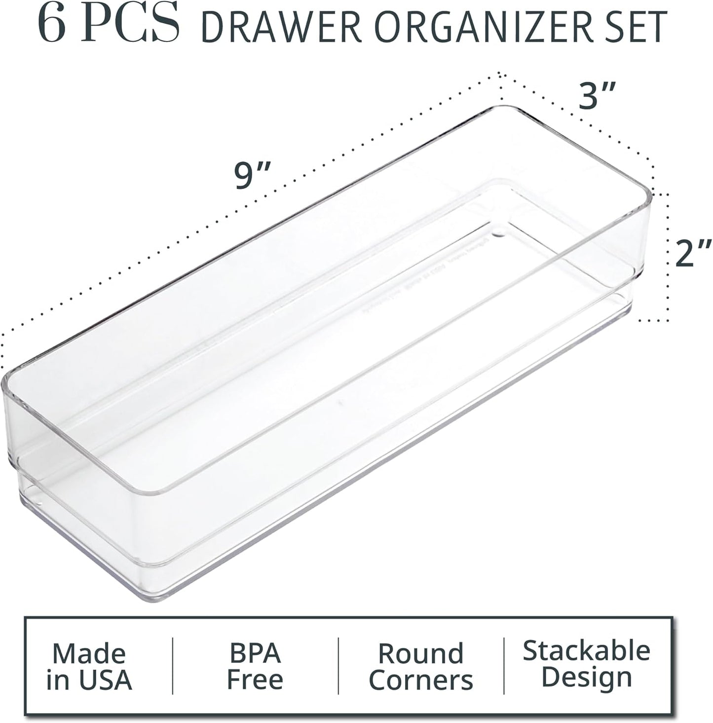 STORi SimpleSort 6-Piece Stackable Clear Drawer Organizer Set | 9" x 3" x 2" Rectangle Trays | Narrow Makeup Vanity Storage Bins and Office Desk Drawer Dividers | Made in USA