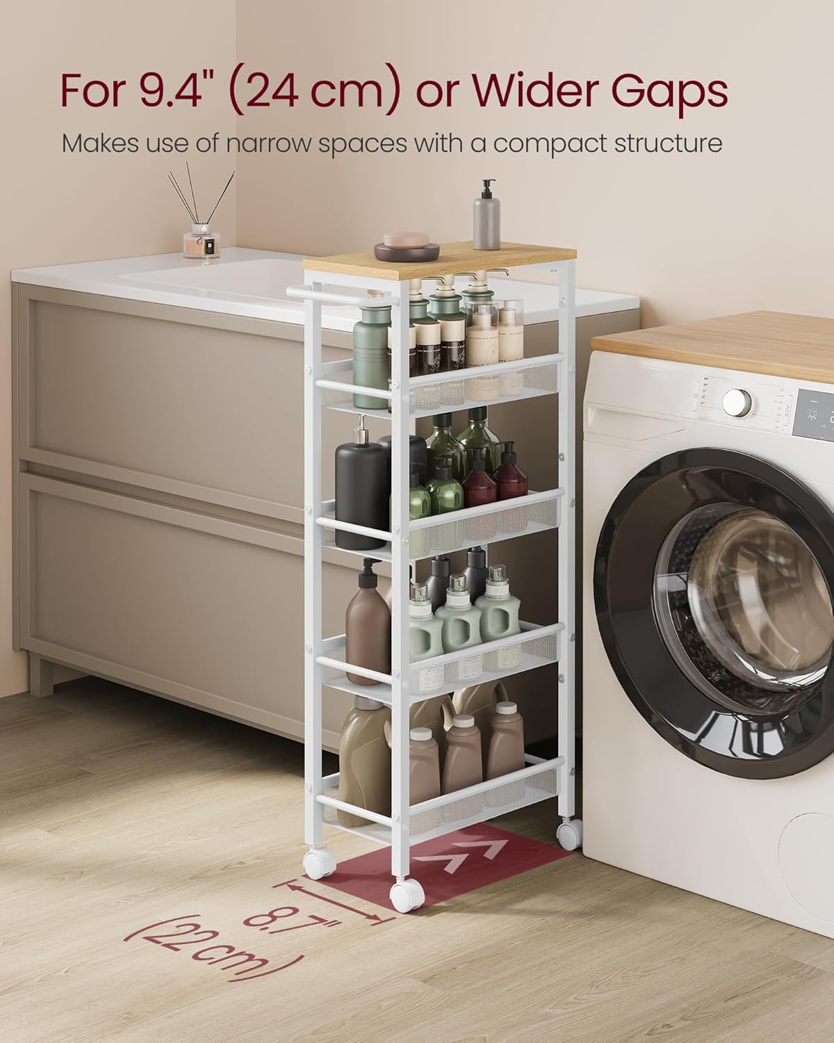 VASAGLE Slim Rolling Cart, 5-Tier Storage Cart, Narrow Cart with Handle, 8.7 Inches Deep, Metal Frame, for Kitchen, Dining Room, Living Room, Home Office, Oak Beige and Classic White ULRC035W09