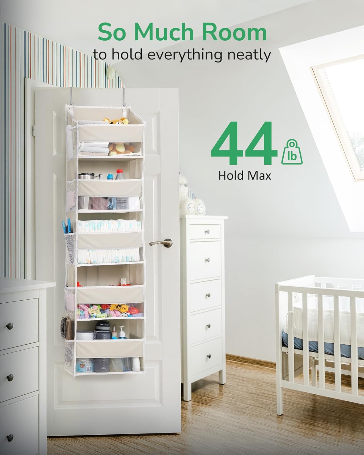 ULG 1-Pack Over Door Organizer with 5 Large Pockets 10 Mesh Side Pockets, 44 lbs Weight Capacity Hanging Storage Organizer with Clear Window for Bedroom Bathroom Kitchen, RV, Camper, Beige