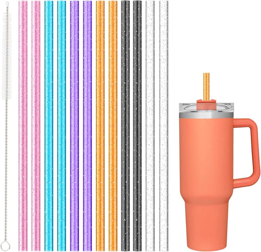 12 Pack Color Replacement Straws for Stanley 40oz 64oz, Yoelike 12in Long Reusable Glitter Straws Accessories for Tumbler Mug Cup, Dishwasher Safe, BPA Free