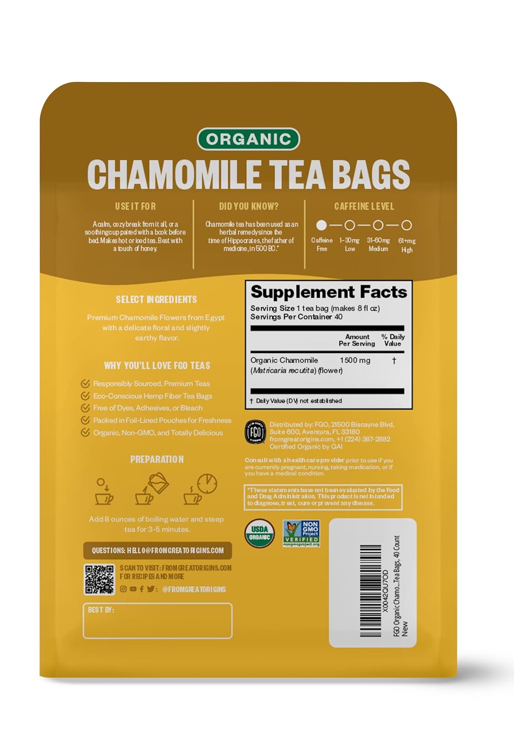 FGO Organic Chamomile Tea, 40 Count, Eco-Conscious Tea Bags, Resealable Bag (Pack of 1)
