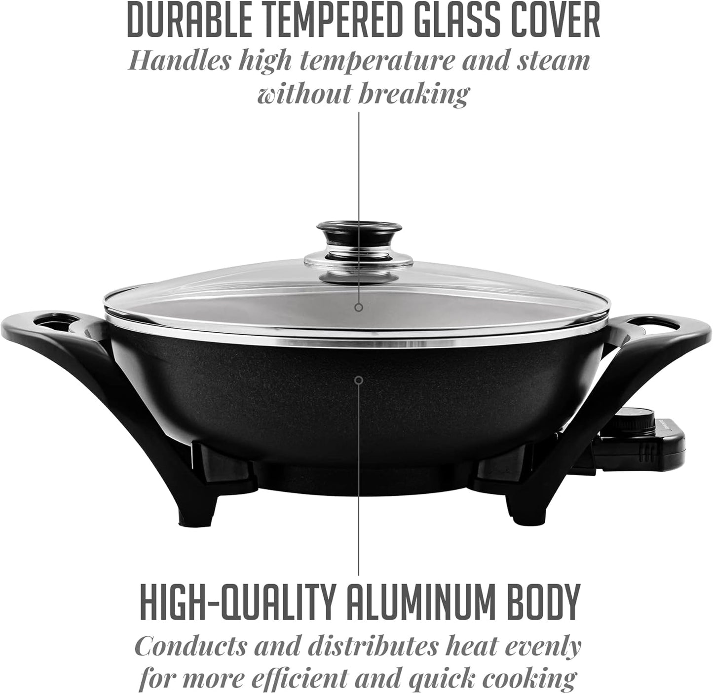 OVENTE Electric Wok with Nonstick Coating, 13 Inch Family-Sized Skillet, 1400W Power, Adjustable Temperature, Tempered Glass Lid, Cool Touch Handles and Easy to Clean Frying Surface, Black SK3113B