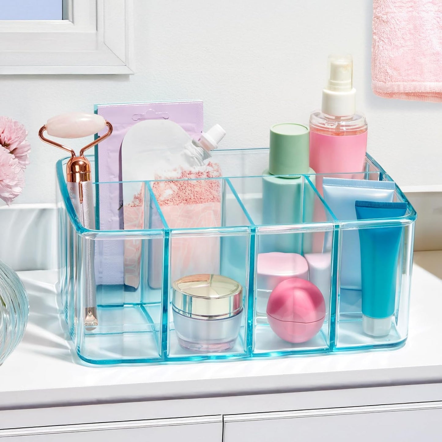 STORi 5-Compartment Plastic Organizer, Ocean Mist, Rectangular Divided Makeup and Vanity Storage Bin and Office Desk Caddy, Scalloped Wall Design, Made in USA