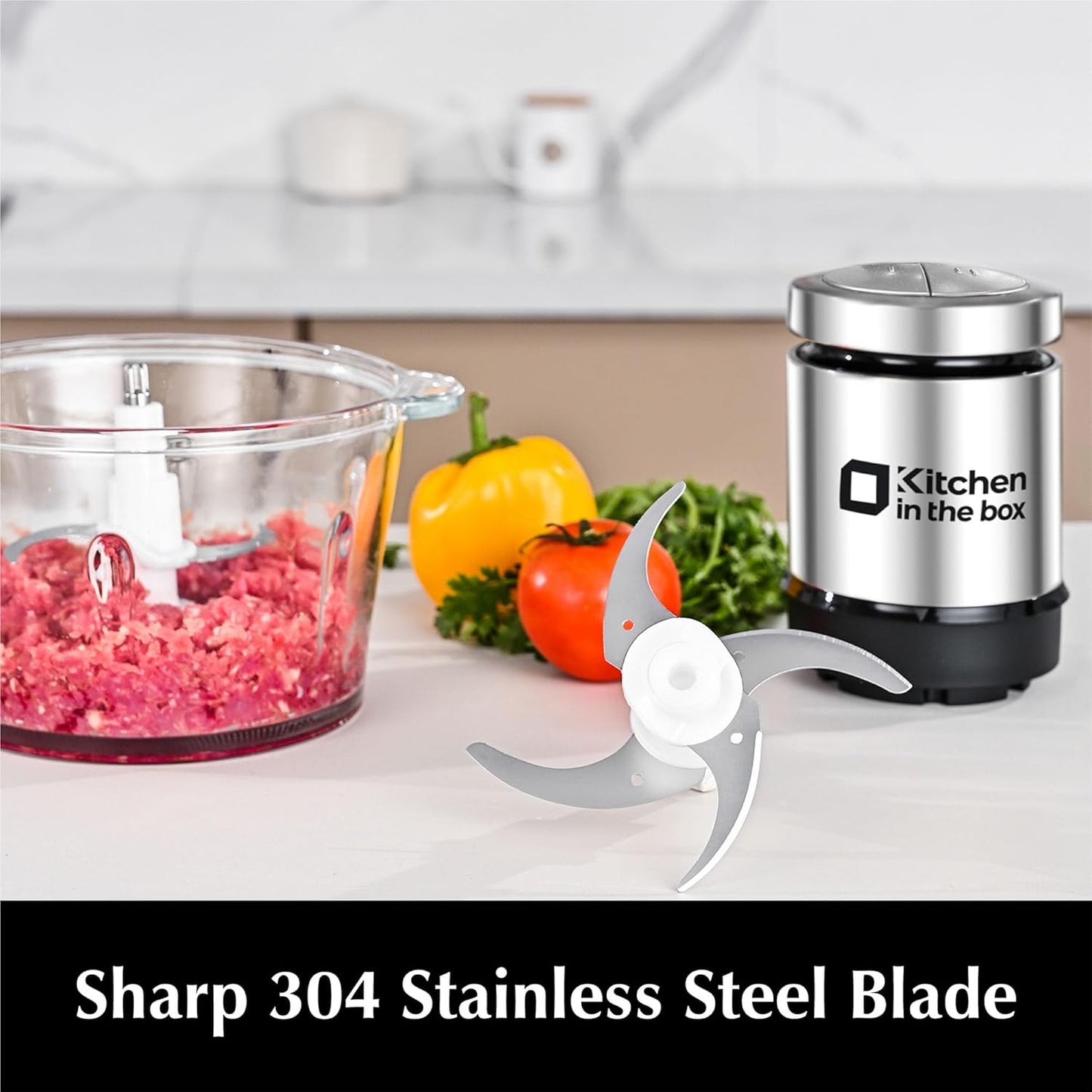 Kitchen in the box Food Processor, Electric Meat Grinder & Food Chopper with 400W Powerful Veggie Chopper-2 Bowls（8 Cup+8 Cup） & 2 Bi-Level Blades for Meat/Fish/Vegetable/Baby Food（Sliver Button）