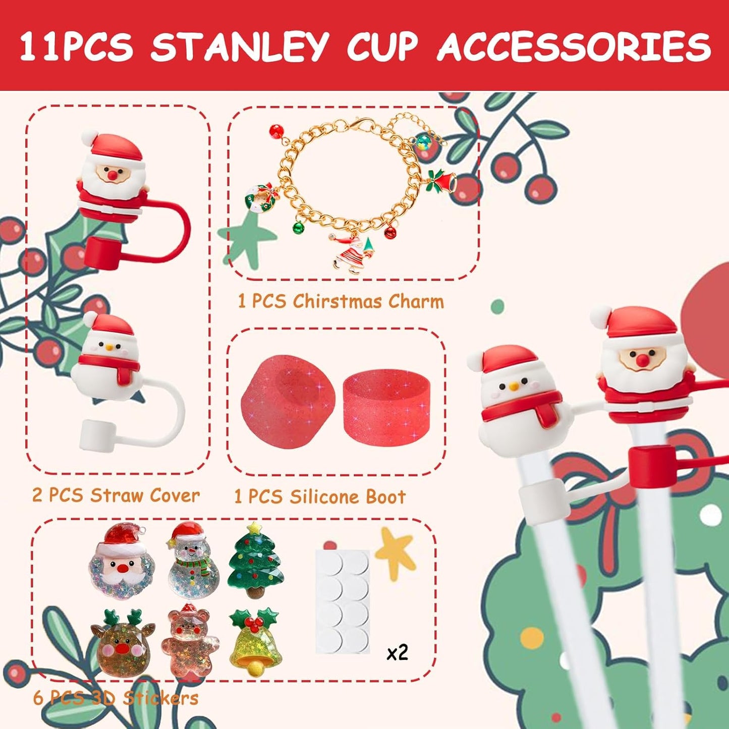 Christmas Stanley Cup Accessories Set,Including 2 Pcs 0.4in Christmas Straw Toppers, 8 Pcs 3D Stickers, 1 Pcs Handle Charm, 1 Silicone Boot Fits Stanley 40&30 Oz Tumbler (Glitter red)