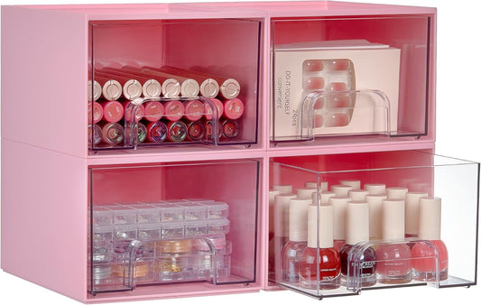 Vtopmart 4Pack Small Stackable Storage Drawers, Bathroom Makeup Organizer,Plastic Storage Bins For Vanity, Undersink, Kitchen Cabinet, Pantry, Home Organization(Pink)