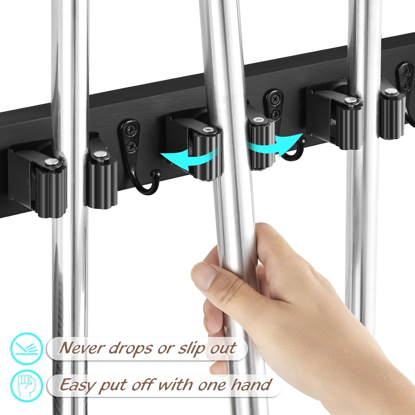 Black Mop Broom Holder Wall Mount with 4 Slots & 4 Hooks - Rustic Wood Broom Mop Hanger for Pantry Closet Laundry Room Organization - Heavy Duty Garden Tool Organizer - Black Kitchen Decor