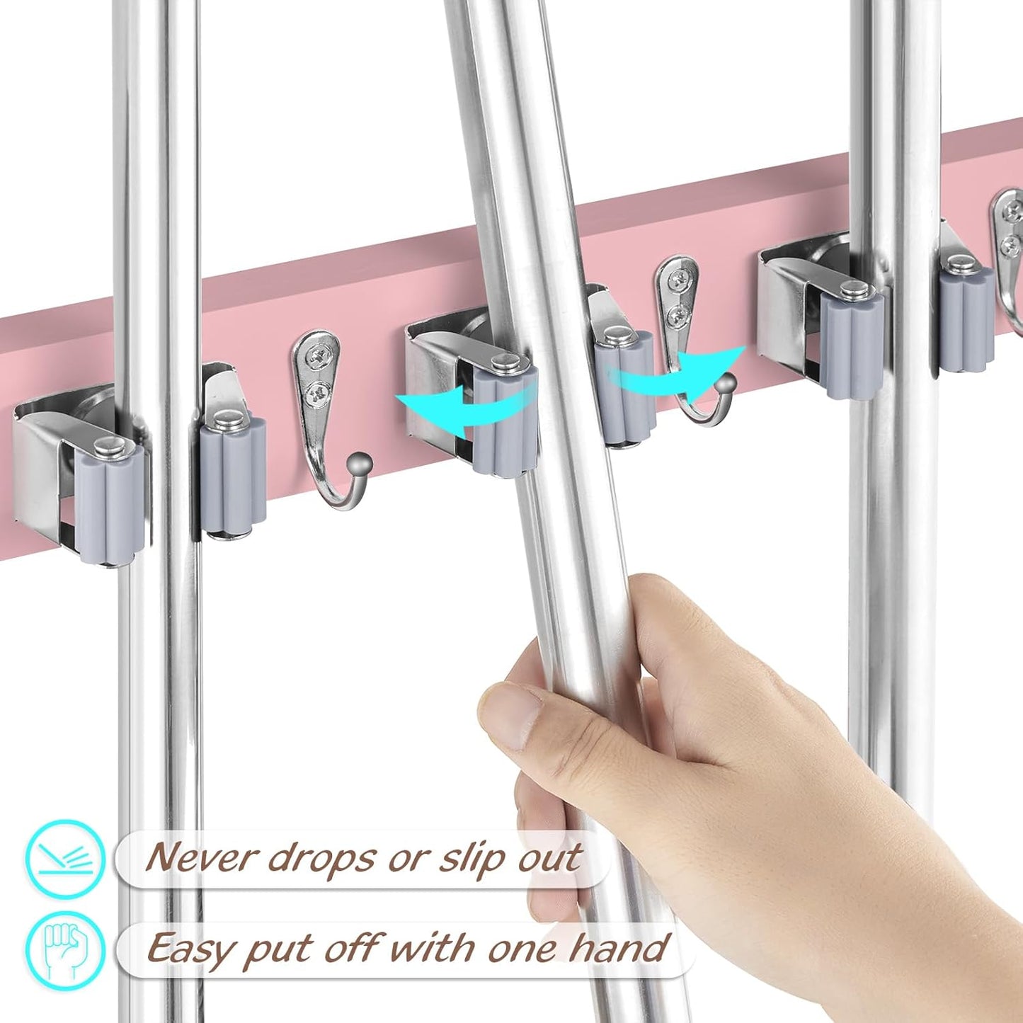Pink Mop Broom Holder Wall Mount with 4 Slots & 4 Hooks - Wood Broom Mop Hanger for Pantry Closet Laundry Room Kitchen Organization - for Pink Kitchen Decor and Accessories