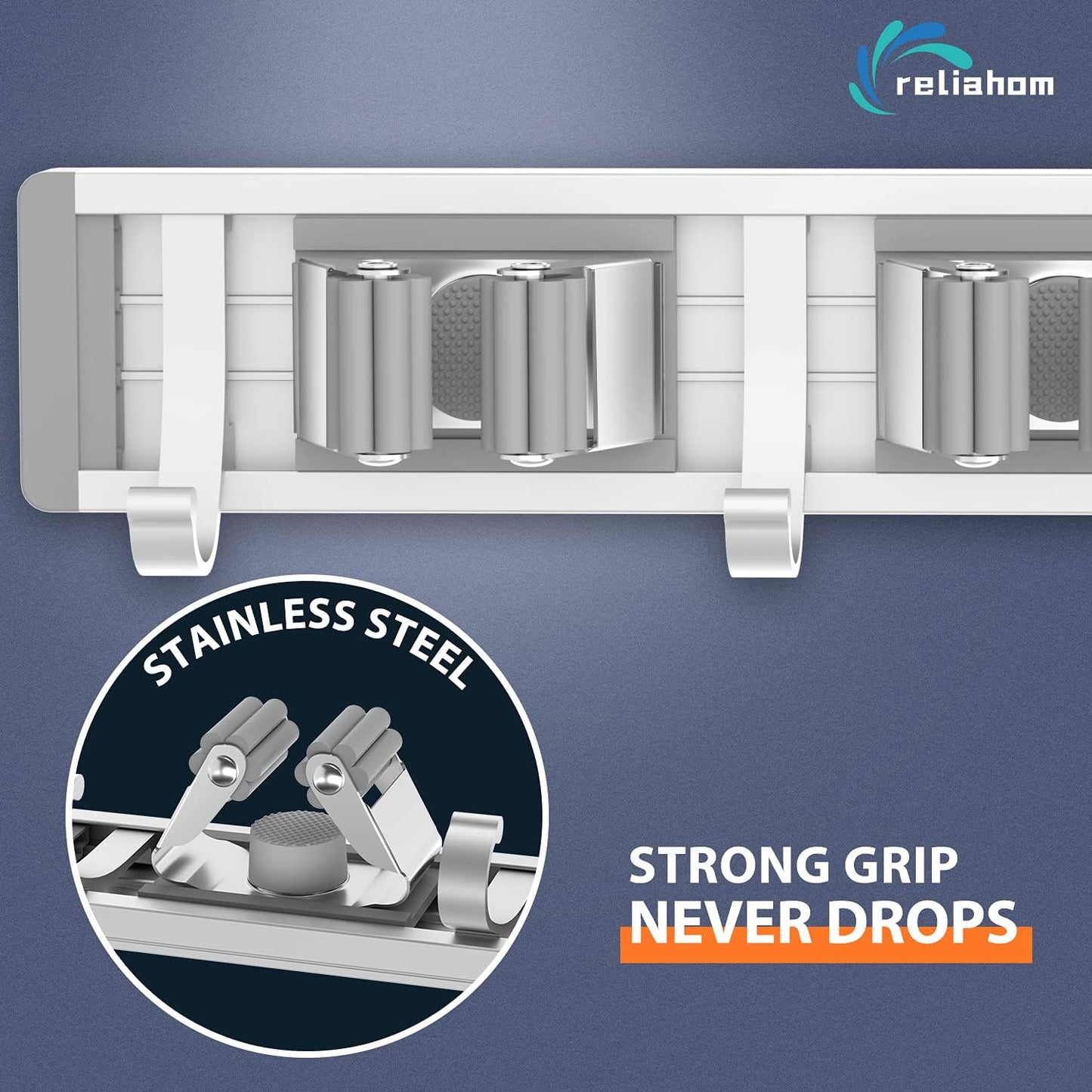 reliahom Broom Holder Wall Mount Mop and Broom Hanger Wall Mounted Garage Storage Rack Kitchen Garden Tool Organizer (4 Racks with 5 Hooks, Silver)