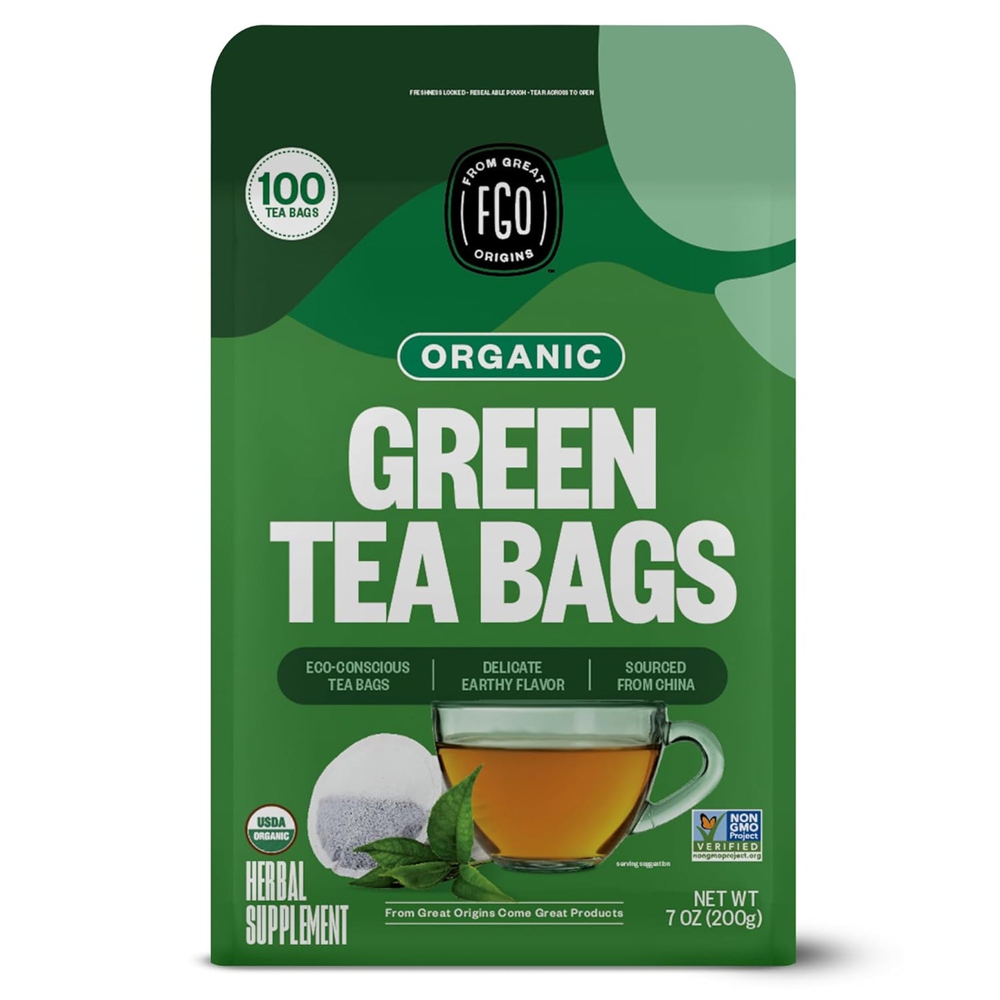 FGO Organic Green Tea, 100 Count Eco-Conscious Tea Bags, Caffeinated, Resealable Pouch, Packaging May Vary (Pack of 1)
