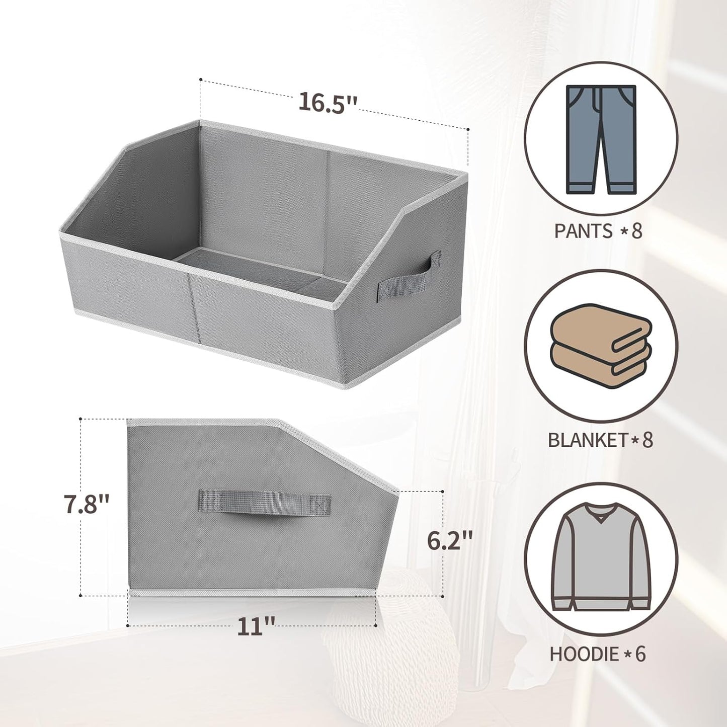 Trapezoid Closet Shelf Organizer - Large Baskets for Organizing, Fabric Storage Cubes for Shelves, Storag Organizers Bins for Clothes, Blankets, 3 Pack, Grey