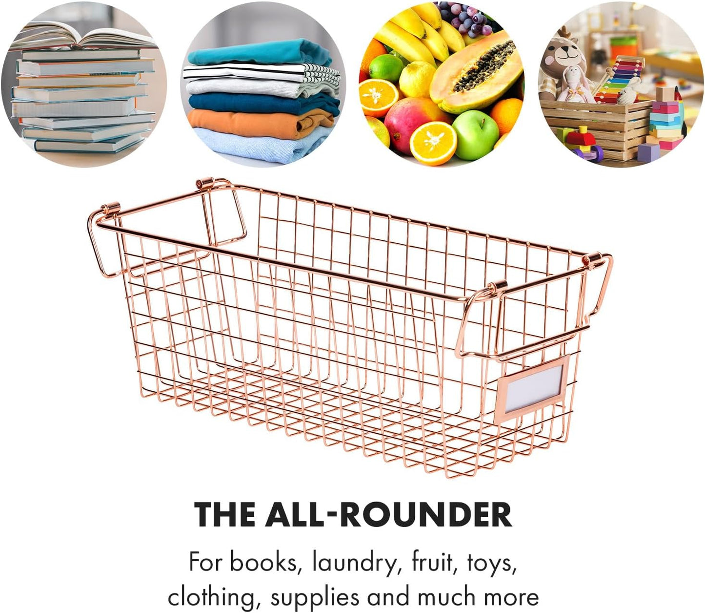 Granrosi Stackable Large Wire Baskets for Organizing — Set of 2 Rose Gold Wire Storage Baskets with Handles; Snacks & Chips Organizer for Pantry; Metal Storage Bins for Pantry